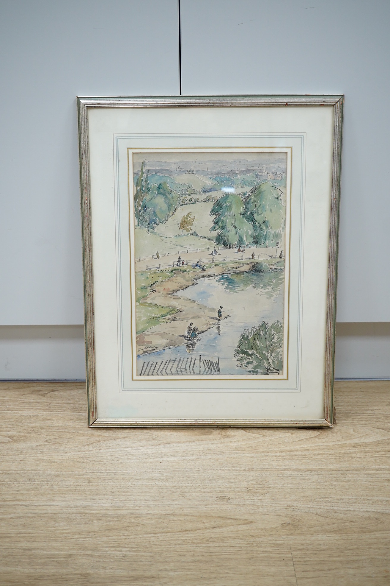 Sydney Maiden (Exh.1928-1936), ink and watercolour, Figures in a park, signed and dated 1927, 39 x 26cm. Condition - fair, colours muted